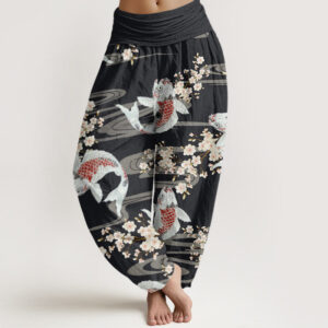 Buddha Stones Casual Cherry Blossoms Koi Fish Pattern Women's Elastic Waist Harem Pants - Black - US22，UK/AU26，EU54 (6XL) - image 1