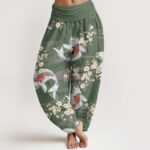 Buddha Stones Casual Cherry Blossoms Koi Fish Pattern Women's Elastic Waist Harem Pants - DarkSeaGreen - US22，UK/AU26，EU54 (6XL) - image 5