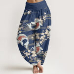 Buddha Stones Casual Cherry Blossoms Koi Fish Pattern Women's Elastic Waist Harem Pants - SteelBlue - US22，UK/AU26，EU54 (6XL) - image 8