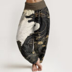 Buddha Stones Pure Cotton Casual Dragon Ancient Tree Pattern Women's Elastic Waist Harem Pants - Black - US22，UK/AU26，EU54 (6XL) - image 1