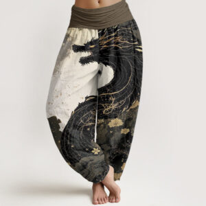 Buddha Stones Pure Cotton Casual Dragon Ancient Tree Pattern Women's Elastic Waist Harem Pants - Black - US22，UK/AU26，EU54 (6XL) - image 1