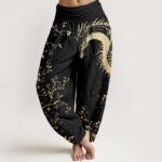 Buddha Stones Pure Cotton Casual Dragon Flower Leaf Pattern Women's Elastic Waist Harem Pants - Black - US22，UK/AU26，EU54 (6XL) - image 1