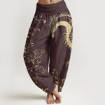 Buddha Stones Pure Cotton Casual Dragon Flower Leaf Pattern Women's Elastic Waist Harem Pants - Maroon - US22，UK/AU26，EU54 (6XL) - image 7