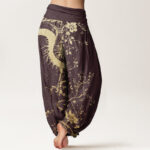 Buddha Stones Pure Cotton Casual Dragon Flower Leaf Pattern Women's Elastic Waist Harem Pants - image 8