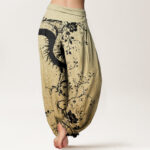 Buddha Stones Pure Cotton Casual Dragon Flower Leaf Pattern Women's Elastic Waist Harem Pants - image 11