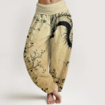 Buddha Stones Pure Cotton Casual Dragon Flower Leaf Pattern Women's Elastic Waist Harem Pants - Khaki - US22，UK/AU26，EU54 (6XL) - image 10