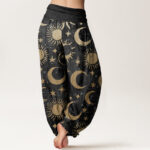 Buddha Stones Pure Cotton Crescent Moon Sun Stars Pattern Design Women's Elastic Waist Harem Pants - image 2