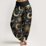 Buddha Stones Pure Cotton Crescent Moon Sun Stars Pattern Design Women's Elastic Waist Harem Pants - Black - US22，UK/AU26，EU54 (6XL) - image 1