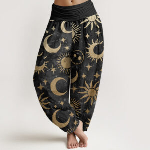 Buddha Stones Pure Cotton Crescent Moon Sun Stars Pattern Design Women's Elastic Waist Harem Pants - Black - US22，UK/AU26，EU54 (6XL) - image 1