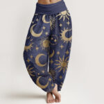 Buddha Stones Pure Cotton Crescent Moon Sun Stars Pattern Design Women's Elastic Waist Harem Pants - SlateBlue - US22，UK/AU26，EU54 (6XL) - image 7