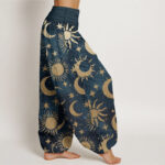 Buddha Stones Pure Cotton Crescent Moon Sun Stars Pattern Design Women's Elastic Waist Harem Pants - image 12