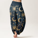 Buddha Stones Pure Cotton Crescent Moon Sun Stars Pattern Design Women's Elastic Waist Harem Pants - image 11