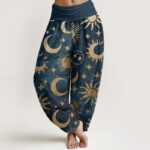 Buddha Stones Pure Cotton Crescent Moon Sun Stars Pattern Design Women's Elastic Waist Harem Pants - SteelBlue - US22，UK/AU26，EU54 (6XL) - image 10
