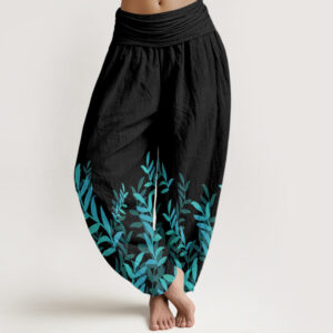 Buddha Stones Pure Cotton Casual Leaves Pattern Women's Elastic Waist Harem Pants - Black - US22，UK/AU26，EU54 (6XL) - image 1