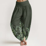 Buddha Stones Pure Cotton Casual Leaves Pattern Women's Elastic Waist Harem Pants - ForestGreen - US22，UK/AU26，EU54 (6XL) - image 7