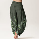 Buddha Stones Pure Cotton Casual Leaves Pattern Women's Elastic Waist Harem Pants - image 8