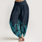 Buddha Stones Pure Cotton Casual Leaves Pattern Women's Elastic Waist Harem Pants - DarkSlateGray - US22，UK/AU26，EU54 (6XL) - image 10