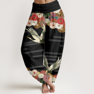 Buddha Stones Casual Crane Chrysanthemum Pattern Women's Elastic Waist Harem Pants - Black - US22，UK/AU26，EU54 (6XL) - image 1