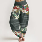 Buddha Stones Casual Crane Chrysanthemum Pattern Women's Elastic Waist Harem Pants - SeaGreen - US22，UK/AU26，EU54 (6XL) - image 5