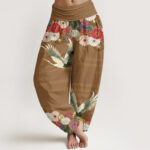 Buddha Stones Casual Crane Chrysanthemum Pattern Women's Elastic Waist Harem Pants - DarkGoldenrod - US22，UK/AU26，EU54 (6XL) - image 8