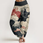 Buddha Stones Pure Cotton Casual Auspicious Clouds Pattern Women's Elastic Waist Harem Pants - Black - US22，UK/AU26，EU54 (6XL) - image 1