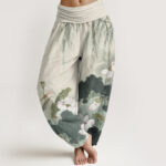 Buddha Stones Casual Ink Lotus Flower Pattern Women's Elastic Waist Harem Pants - DarkSeaGreen - US22，UK/AU26，EU54 (6XL) - image 1