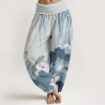 Buddha Stones Casual Ink Lotus Flower Pattern Women's Elastic Waist Harem Pants - SkyBlue - US22，UK/AU26，EU54 (6XL) - image 8