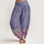 Buddha Stones Pure Cotton Casual Colorful Wildflower Field Pattern Women's Elastic Waist Harem Pants - MediumPurple - US22，UK/AU26，EU54 (6XL) - image 7