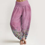 Buddha Stones Pure Cotton Casual Colorful Wildflower Field Pattern Women's Elastic Waist Harem Pants - HotPink - US22，UK/AU26，EU54 (6XL) - image 10