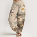 Buddha Stones Casual Summer Lotus Pond Pattern Women's Elastic Waist Harem Pants - Tan - US22，UK/AU26，EU54 (6XL) - image 8