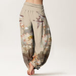 Buddha Stones Casual Summer Lotus Pond Pattern Women's Elastic Waist Harem Pants - image 10