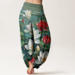 Buddha Stones Casual Blooming Red Lotus Flower Pattern Women's Elastic Waist Harem Pants - image 3