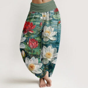Buddha Stones Casual Blooming Red Lotus Flower Pattern Women's Elastic Waist Harem Pants - ForestGreen - US22，UK/AU26，EU54 (6XL) - image 1