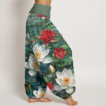 Buddha Stones Casual Blooming Red Lotus Flower Pattern Women's Elastic Waist Harem Pants - image 2