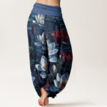 Buddha Stones Casual Blooming Red Lotus Flower Pattern Women's Elastic Waist Harem Pants - image 7