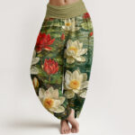 Buddha Stones Casual Blooming Red Lotus Flower Pattern Women's Elastic Waist Harem Pants - Olive - US22，UK/AU26，EU54 (6XL) - image 8