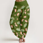 Buddha Stones Pink Lotus Flowers Lush Green Leaves Pattern Women's Elastic Waist Harem Pants - OliveDrab - US22，UK/AU26，EU54 (6XL) - image 1