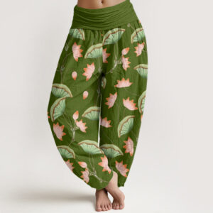 Buddha Stones Pink Lotus Flowers Lush Green Leaves Pattern Women's Elastic Waist Harem Pants - OliveDrab - US22，UK/AU26，EU54 (6XL) - image 1