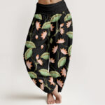 Buddha Stones Pink Lotus Flowers Lush Green Leaves Pattern Women's Elastic Waist Harem Pants - Black - US22，UK/AU26，EU54 (6XL) - image 5