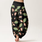 Buddha Stones Pink Lotus Flowers Lush Green Leaves Pattern Women's Elastic Waist Harem Pants - image 6