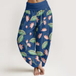 Buddha Stones Pink Lotus Flowers Lush Green Leaves Pattern Women's Elastic Waist Harem Pants - SteelBlue - US22，UK/AU26，EU54 (6XL) - image 8