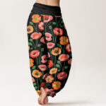 Buddha Stones Red Orange Flowers Pattern Women's Elastic Waist Harem Pants - image 2