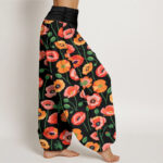 Buddha Stones Red Orange Flowers Pattern Women's Elastic Waist Harem Pants - image 3