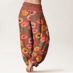 Buddha Stones Red Orange Flowers Pattern Women's Elastic Waist Harem Pants - image 6