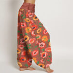 Buddha Stones Red Orange Flowers Pattern Women's Elastic Waist Harem Pants - image 7