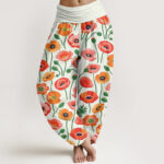 Buddha Stones Red Orange Flowers Pattern Women's Elastic Waist Harem Pants - Beige - US22，UK/AU26，EU54 (6XL) - image 8