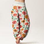 Buddha Stones Red Orange Flowers Pattern Women's Elastic Waist Harem Pants - image 9