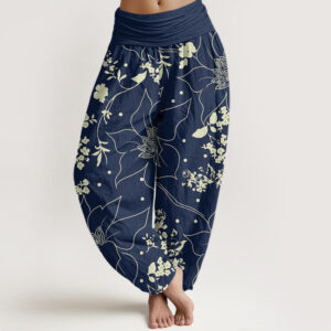 Buddha Stones Beige Large Petal Flowers Blossoms Pattern Women's Elastic Waist Harem Pants - SteelBlue - US22，UK/AU26，EU54 (6XL) - image 1