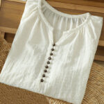 Buddha Stones White Plain Button Three Quarter Sleeve Women's Shirt - image 3