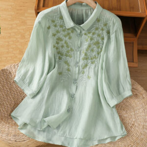 Buddha Stones Leaf Embroidery Cotton Buttons Half Sleeve Women's Shirt - Honeydew - US12，UK/AU16，EU44 (2XL) - image 1